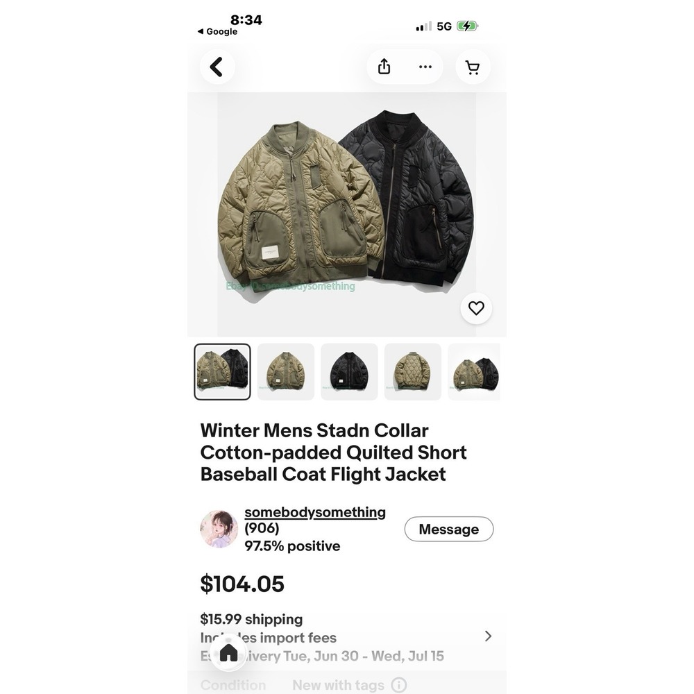 Winter Men Baseball Collar Quilted Bomber Padded XL Flight Jacket - Picture 14 of 15
